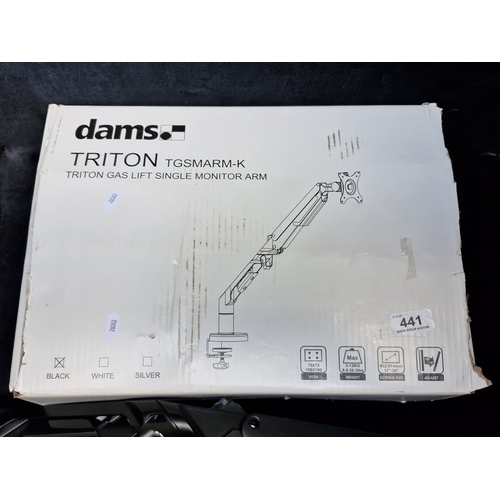 441 - A Dams Triton TGSMARM-K gas-lift single monitor arm, black, with desk clamp and mounting fittings, i... 