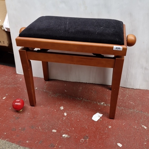 450 - A good clean height-adjustable piano stool, with rectangular black upholstered seat, beech-wood fram... 