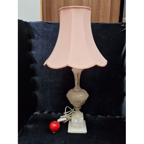 471 - A tall carved vintage alabster table lamp with scrolling gilt-metal mounts, square stepped base and ... 