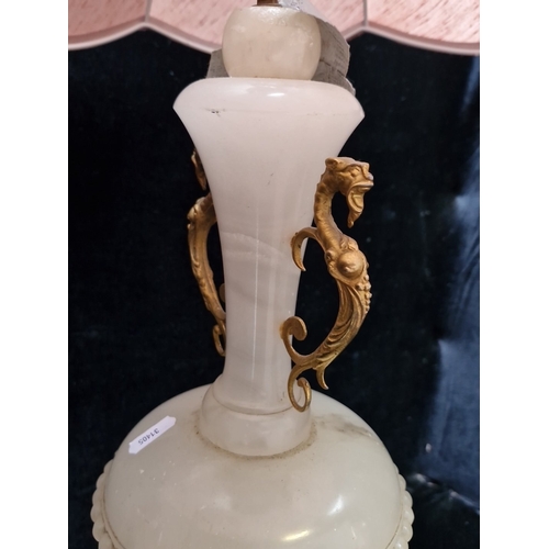 471 - A tall carved vintage alabster table lamp with scrolling gilt-metal mounts, square stepped base and ... 