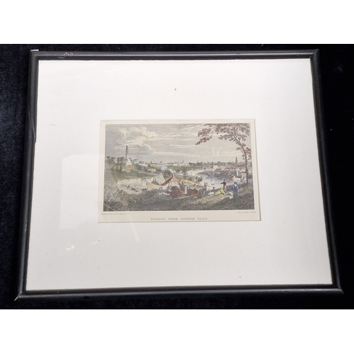 474 - A group of framed prints and a wicker basket with striped fabric liner, including coloured views of ... 