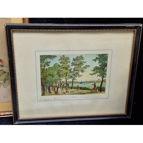 474 - A group of framed prints and a wicker basket with striped fabric liner, including coloured views of ... 