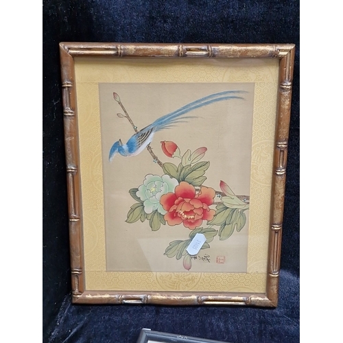 474 - A group of framed prints and a wicker basket with striped fabric liner, including coloured views of ... 