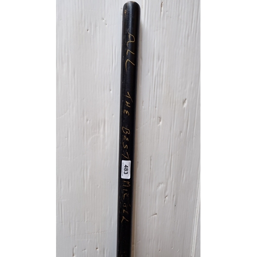 483 - A long-handled spade, the metal blade painted in a gold tone with a pointed steel cutting edge, on a... 