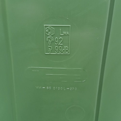 488 - A brand new green wheeled refuse bin of moulded plastic, with hinged lid and integral handles, marke... 