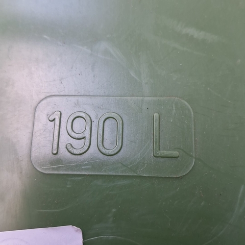 488 - A brand new green wheeled refuse bin of moulded plastic, with hinged lid and integral handles, marke... 