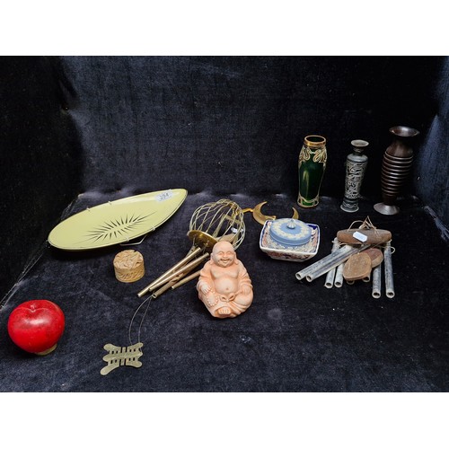 394 - A mixed lot of items including three bud vases, a Masons ring dish, and miniature lidded vanity jars... 