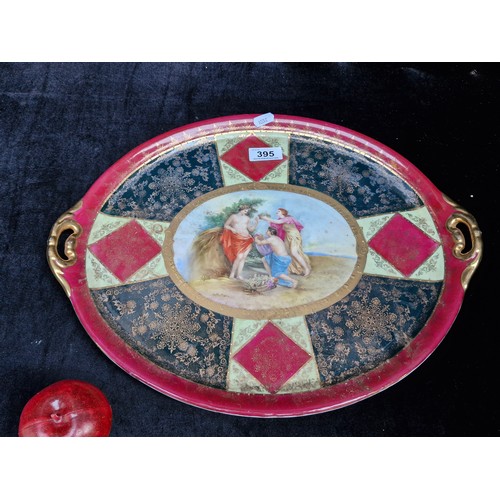 395 - A large  Royal Vienna glazed porcelain serving tray / platter featuring hand painted mythological sc... 