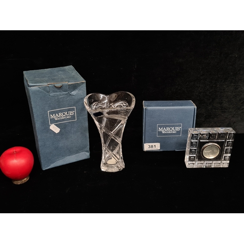 381 - Two Marquis by Waterford Crystal pieces including a vase, and square desk clock. Both in good condit... 