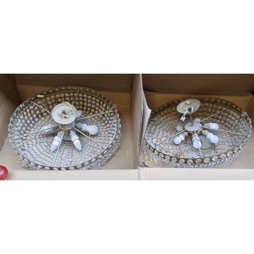 399 - Star lot : Two elaborate very large (2 feet wide)  brass and cut glass hanging ceiling pendant light... 