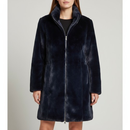 424 - A new with tags navy faux-fur coat by No.1 OX, with stand collar, full-length zip fastening, long sl... 