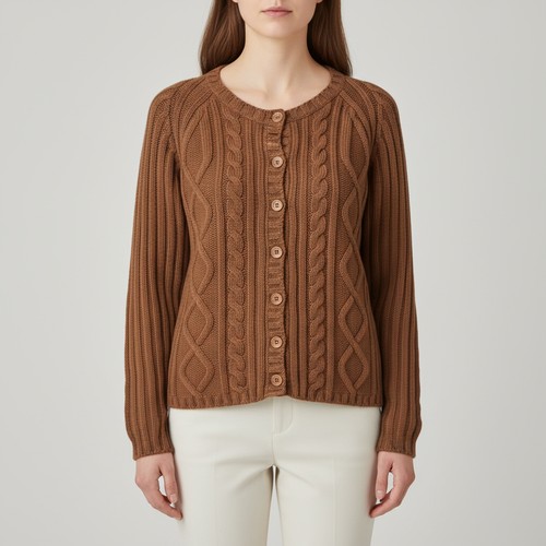426 - A Blarney Woollen Mills Irish cable-knit wool cardigan, in rust-brown, with round neckline, long sle... 