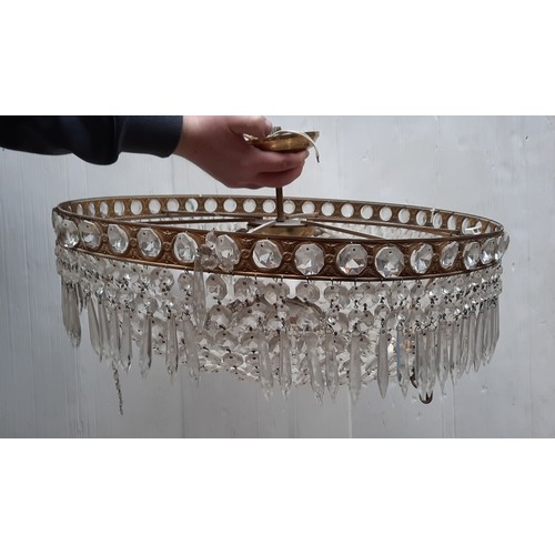 399 - Star lot : Two elaborate very large (2 feet wide)  brass and cut glass hanging ceiling pendant light... 