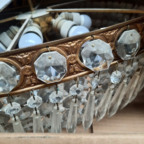 399 - Star lot : Two elaborate very large (2 feet wide)  brass and cut glass hanging ceiling pendant light... 