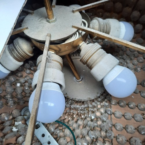 399 - Star lot : Two elaborate very large (2 feet wide)  brass and cut glass hanging ceiling pendant light... 