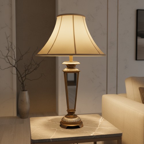 457 - A large cast-metal table lamp in the form of a glazed lantern, with fluted galleries and an ecru bel... 