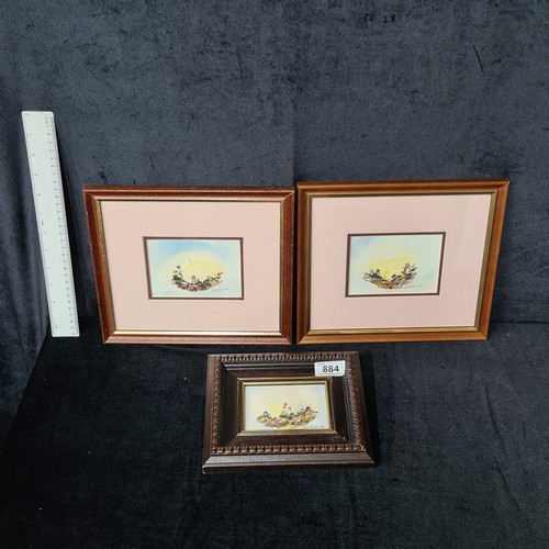 A series of three oil on board paintings titled 'Flower Away' and 'Flower Days' by 'Carol Ann Waldron'. The colours are rich yet gentle, built around a natural, slightly muted palette. Rendered in loose and painterly, with confident, visible strokes that give the surfaces texture and movement. Signed and dated 1994 to each. Titled with label to verso. Housed in wooden frames behind glass.