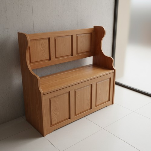 A pine settle-style hall bench with lift-up seat enclosing storage, the ...