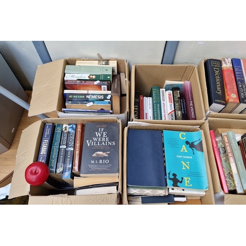 Eight boxes of assorted modern paperback and hardback books, chiefly ...