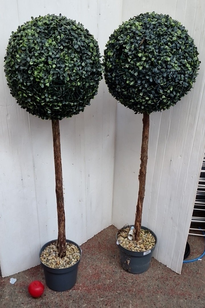 2 artificial boxwood topiary standards, each with a dense spherical ...