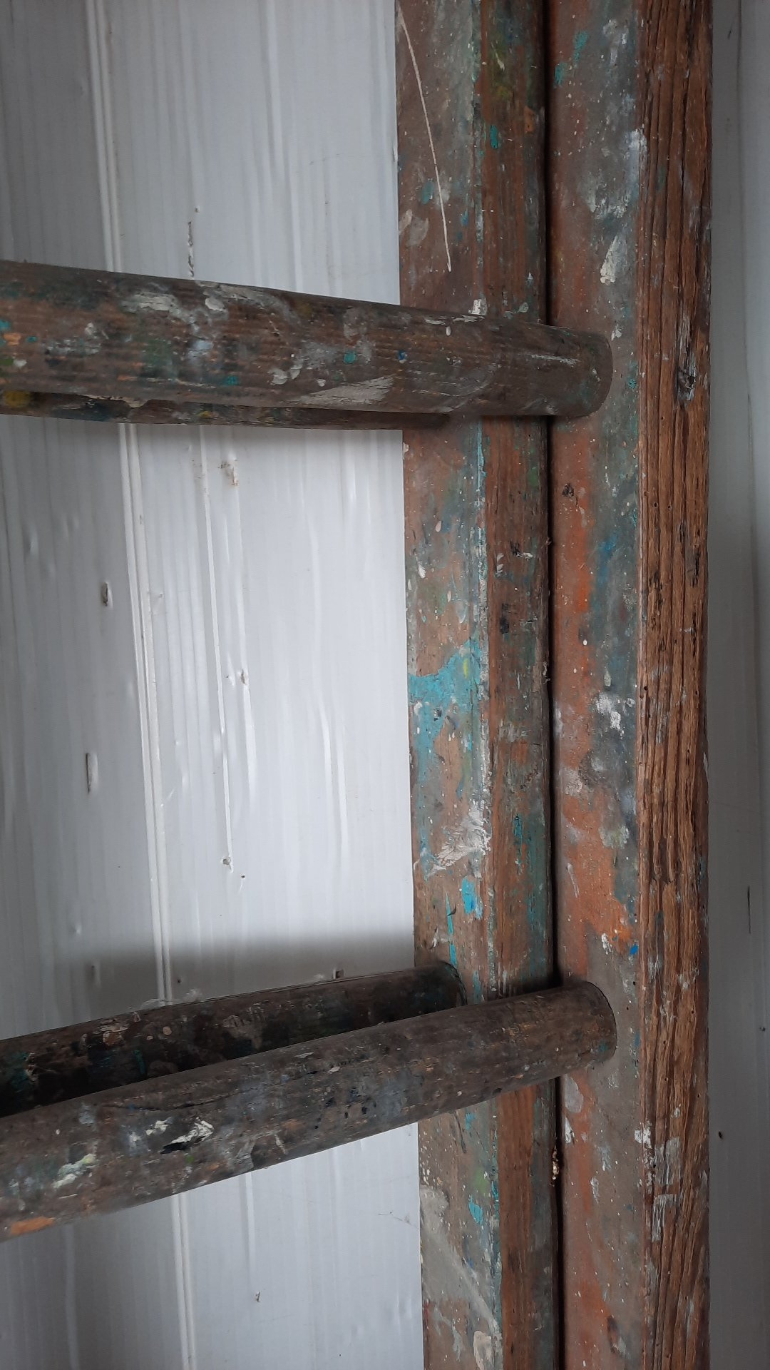 A long timber orchard ladder, with turned rungs and old paint splashes ...