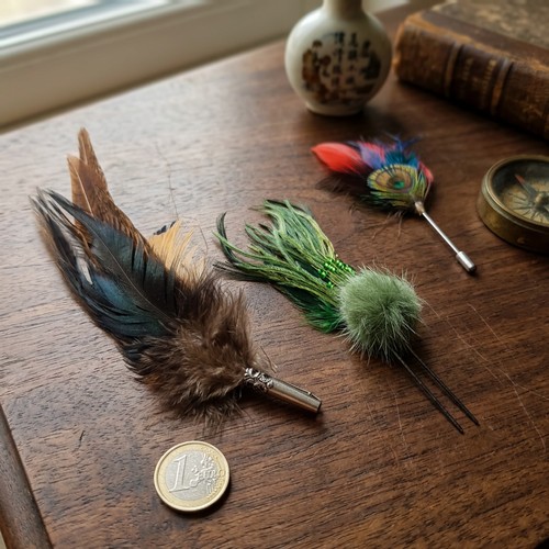 Three vintage wearable Bird Feather items including a lapel pin, brooch ...