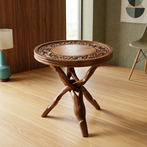 A beautiful hand carved wooden Indian side table, featuring intricate ...