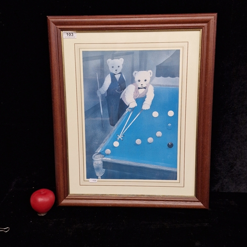 103 - A print featuring anthropomorphic teddy bears playing billiards. Housed in a wooden gilt frame behin... 