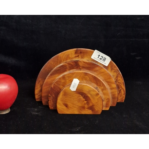 128 - An Art Deco style Thuya Wood letter rack featuring a concentric demilune design. Holds three compart... 