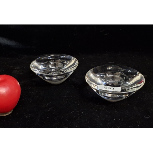 153 - A nice pair of heavy French antique quality crystal candle holders. Signed to base.