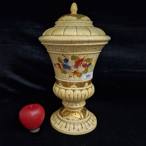 161 - A large decorative ceramic vase with a lid featuring a distinct cream-coloured crackle glaze, gilded... 