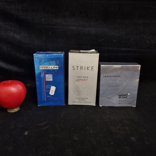 168 - Three mens aftershaves including MontBlanc Individuel eau de toilette 50ml, a sealed G Bellini Ice 1... 