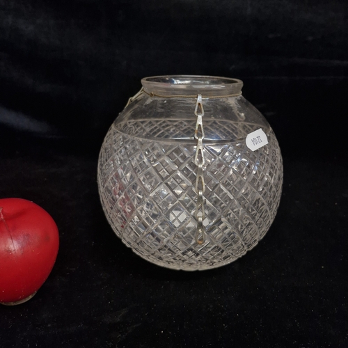 178 - A vintage cut glass lamp shade featuring a detailed diamond cut pattern and hanging chains. Clear gl... 