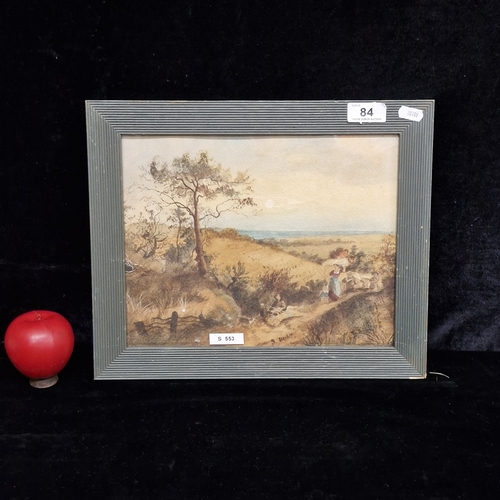 84 - An original watercolour on paper painting. Features a serene rural countryside scene with figures. R... 