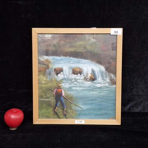 92 - An original oil on board painting. Features a waterfall landscape. Rendered in smooth brushstrokes w... 