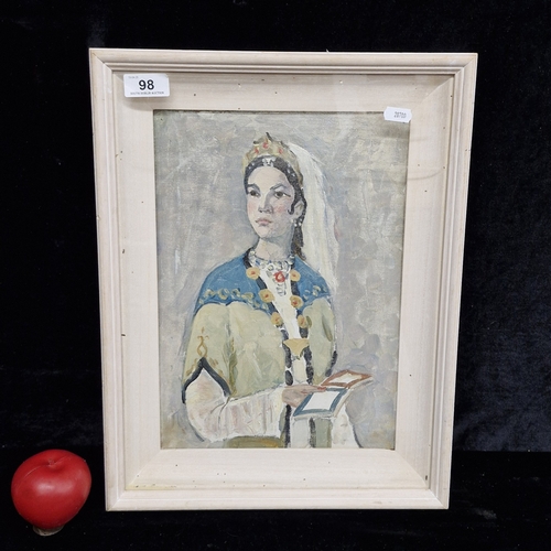 98 - An oil on board painting. Features a young Moroccan woman in traditional costume. Rendered in a subd... 