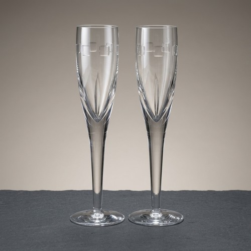 123 - Two elegant John Rocha Waterford Crystal glasses. These flutes are from the Geo Collection.  Both in... 