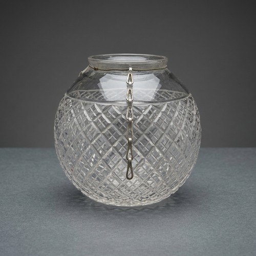 178 - A vintage cut glass lamp shade featuring a detailed diamond cut pattern and hanging chains. Clear gl... 
