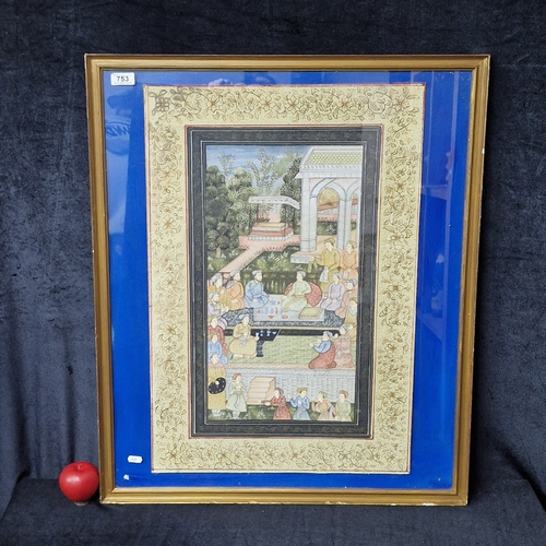 Star Lot: A beautiful watercolour and gouache on fabric painting. Features a miniature style Islamic art with figures in a court scene. Rendered in a soft pastel colour palette with blues, greens, oranges, yellows, pinks  and white accents. Portrays precise and fine brushstrokes with delicate detailing. Mounted. Housed in a gilt frame behind glass. 
MM: 70 x 83 cm including frame

Previous in auction on T090426  - 12/04/2026 with Lot no.753