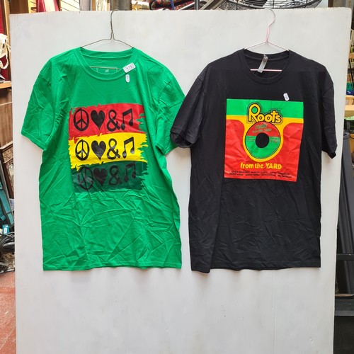 175 - Two as new T-shirts including Next Level Apparel Roots from the Yard T-shirt size large and a Riddim... 