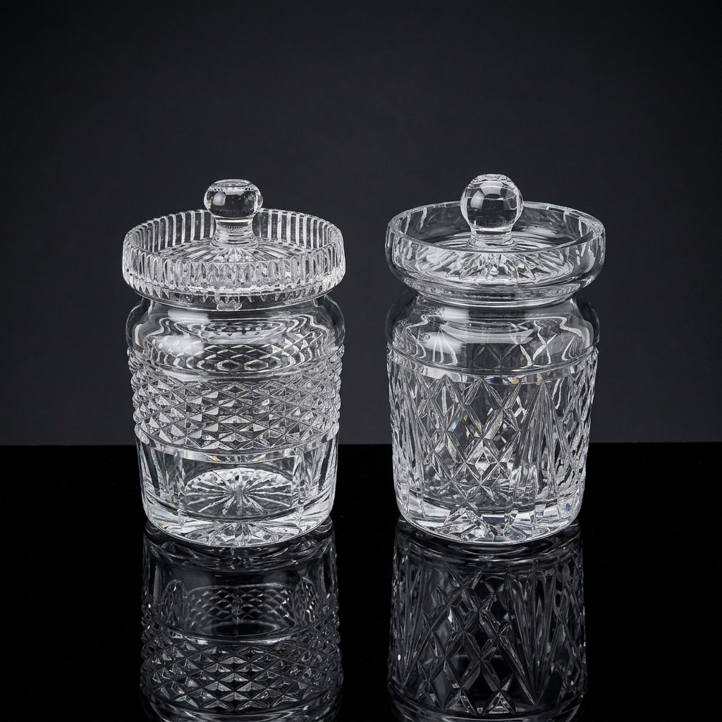 A pair of cut crystal barrel-form lidded jars, each with faceted knop ...