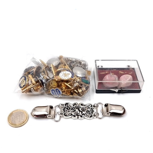 49 - A mixed collection of cufflinks, Rose quartz boxed cufflink and a belt pull