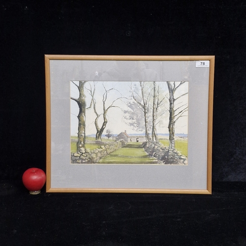 A lovely watercolour on paper painting. Features a rural landscape with stone wall, sparse trees and a cottage to distance. Rendered in an atmospheric and natural palette with greens, greys and browns. Portrays fluid washes with controlled brushstrokes. Signed 'John Mc Hunt'. Housed in a wooden frame behind glass.