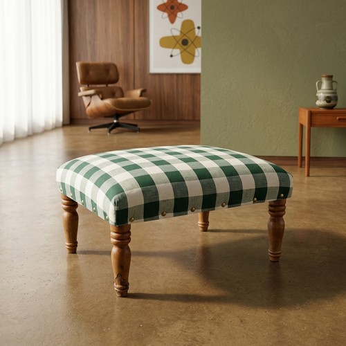 Upholstered rectangular footstool in green, white and grey checked ...