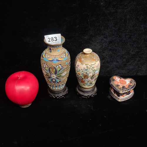 Three vintage items including a Royal Crown Derby heart shaped box and Cloisonne vase.
