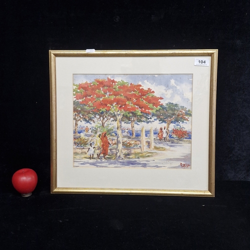 104 - Star Lot: A 1956 watercolour on paper painting. Features Hawthorn trees by a coastal side with figur... 