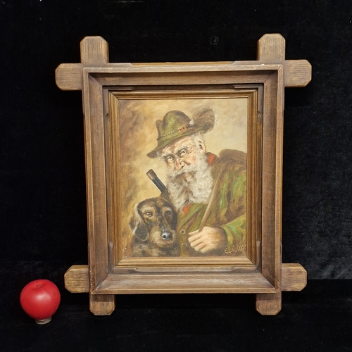 106 - A 20 century oil on canvas painting. Features a portrait of an elderly man and his dog. Rendered in ... 