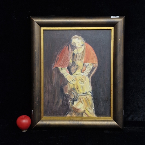 108 - An oil on board painting after 'Rembrandt' titled 'The return of prodigal son'. Rendered in warm mut... 