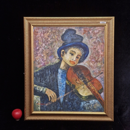 109 - An oil on canvas painting. Features portrait of a boy playing the violin. The colour scheme is warm ... 