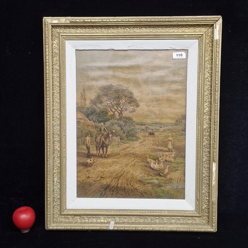 110 - A print featuring an antique pastoral scene with figures, horses, ducks and a path leading to distan... 